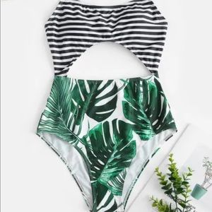 Women’s Cut Out One Piece, Halter Top, High Waisted Bottom, Dual Pattern